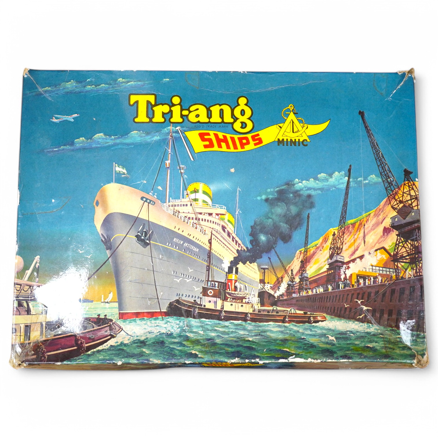 A collection of Tri-ang Minic Ships, contained within an original box for the Presentation Set; M895, S.S. Nieuw Amsterdam, contents includes; a fourth edition catalogue, seven ocean liners, the Royal Yacht Britannia, a